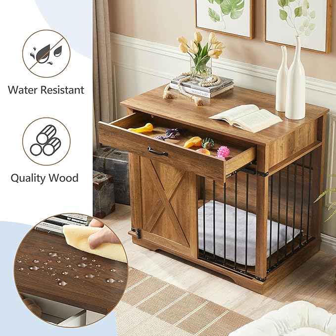 37.8" Dog Crate Furniture - Indoor Wooden Dog Kennel Furniture with Sliding Barn Door and Storage Drawer, Rustic Oak
