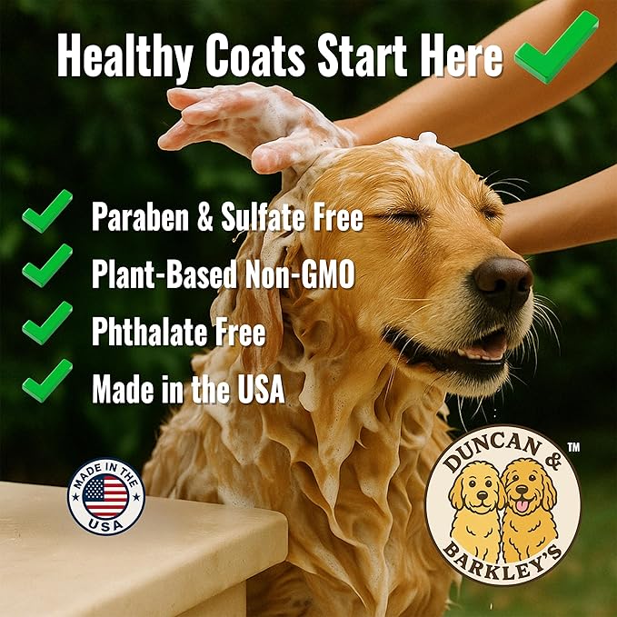 Duncan & Barkley’s Oatmeal & Aloe Dog Shampoo and Conditioner 16 Oz Bottles - Cozy Vanilla Cupcake Scent, Gentle Pet Wash for Sensitive Skin and Vital Volumes Tips Card - Bundle
