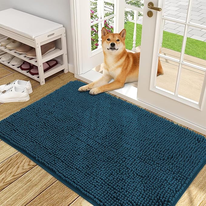 OLANLY Dog Door Mat for Muddy Paws 48x30, Absorbs Moisture and Dirt, Absorbent Non-Slip Washable Doormat, Quick Dry Chenille Mud Mat, Entry Indoor Entryway Carpet for Inside Floor, Atlantic Blue