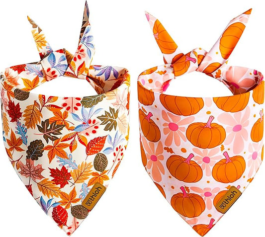 Fall Dog Bandanas - 2 Pack Halloween Thanksgiving Dog Bandana | Reversible Pumpkin and Leaf Pet Scarf | Premium Durable Fabric | Boys & Girls | Holiday Bandana for Small and Medium Dogs (Small)