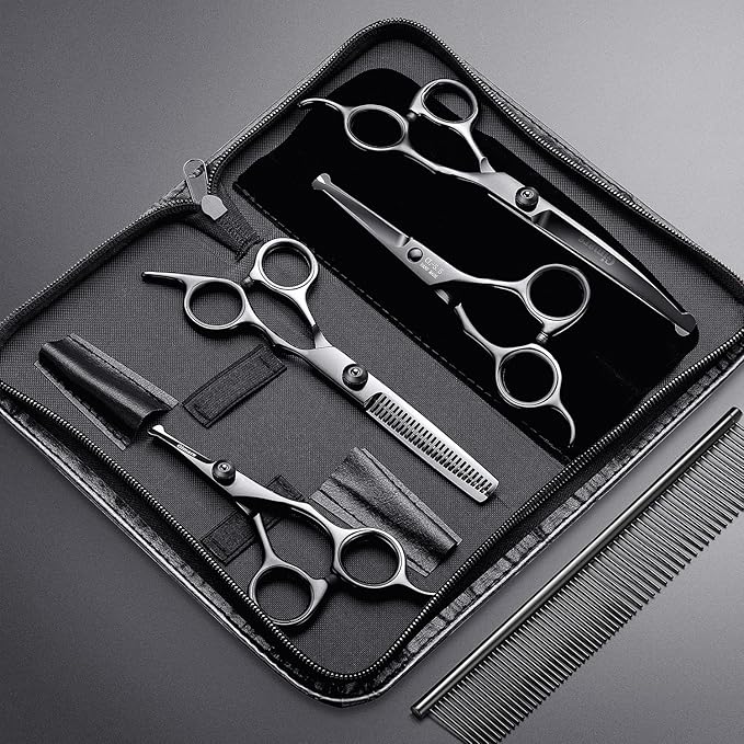 Gimars 7inch Professional 4CR Stainless Steel 6 in 1 Grooming Scissors for Dogs with Safety Round Tip, Heavy Duty Titanium Coated Pet Grooming Scissor for Dogs, Cats and Other Animals