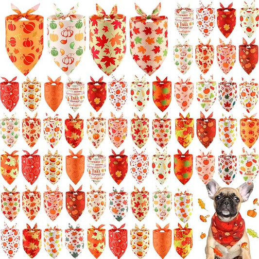 Chunful 60 Pcs Thanksgiving Fall Bandanas for Dogs Autumn Maple Leaf Pumpkin Patterns Soft Bibs Adjustable Triangle Doggie Scarf for Small Medium Large Pet Costume(25.6 x 17.7 x 17.7 Inch)