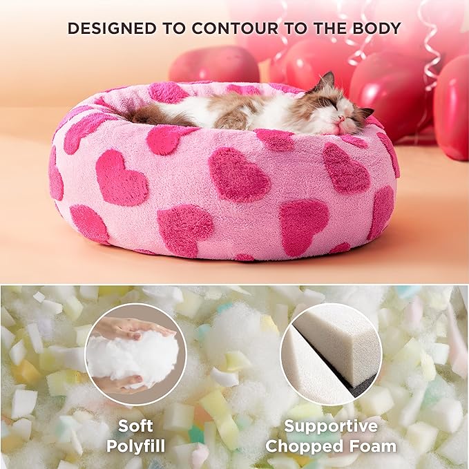 LE SURE Donut Small Dog Bed - Round Cat Beds for Indoor Cats Anti-Anxiety Calming Pet Beds, Washable Cute Modern Beds with Teddy Sherpa Plush & Anti Slip Bottom, 20 Inch, Heart Pink