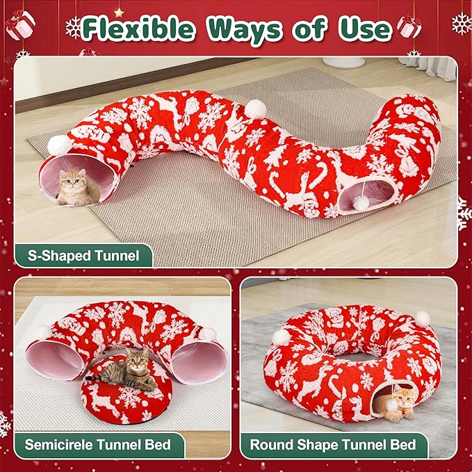Christmas Cat Tunnel Bed in 3FT x 3FT x 10IN-Cute Cat Tube Christmas Tree Skirt with Ball,Foldable Round Pet Toy with Washable Mat for Keeping Indoor Cats Off Xmas Tree, Red