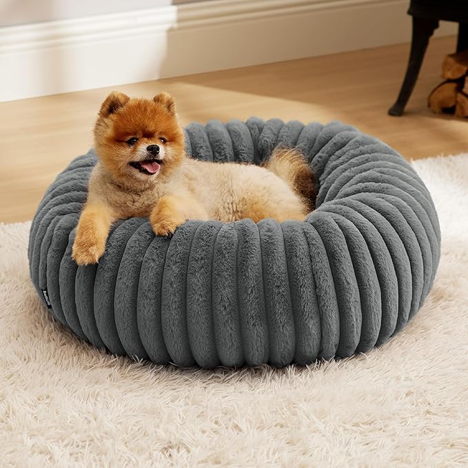 Bedsure Donut Small Dog Bed - Dog Beds for Small Dogs with Corduroy Fleece & Anti Slip Bottom, Round Faux Fur Pet Beds with Washable Removable Cover, Warm Grey, 23x23x7 inches