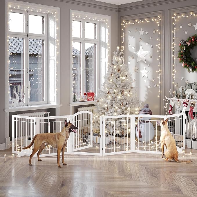 Vantas Folding Pet Gate 144" Wide, 30" Tall No-Assembly Metal Dog Gate, Freestanding Wire Pet Gate, Pet Puppy Safety Fence, Extra Wide with 2PCS Support - White