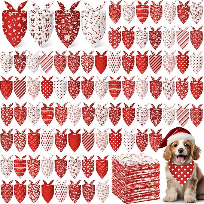 Abbylike 200 Pcs Christmas Dog Bandanas Bulk Xmas Red and White Bandanas for Dogs Triangle Kerchief Bibs Scarf Set for Pet Christmas Costume Photo Props Accessories Pet Shops, 25 Styles