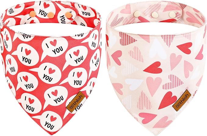 Dog Bandanas with Snap Button - 2 Pack Reversible Heart Dog Scarf for Boy & Girl, Premium Durable Fabric, Pet Bandana for Medium and Large Dogs (Large)