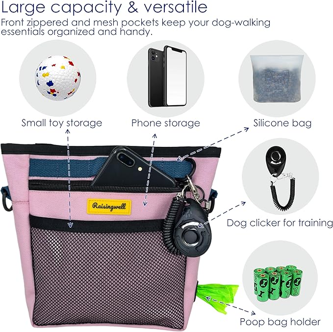 Dog Treat Pouch with Magnetic Closure 4-Cup Silicone Bag Fanny Pack Holder with Clicker 4 Ways to Wear Front Pocket Fits All Phones Ideal for Leash, Pet Walking and Training（Pink）