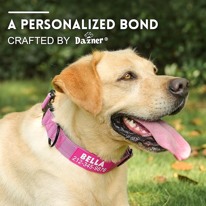 Personalized Tactical Dog Collar with Soft Padding & Reflective Strips for Large Dogs, Heavy Duty Nylon with Metal Buckle, Custom Name, Durable, Available in Pink, Blue, Black, Green