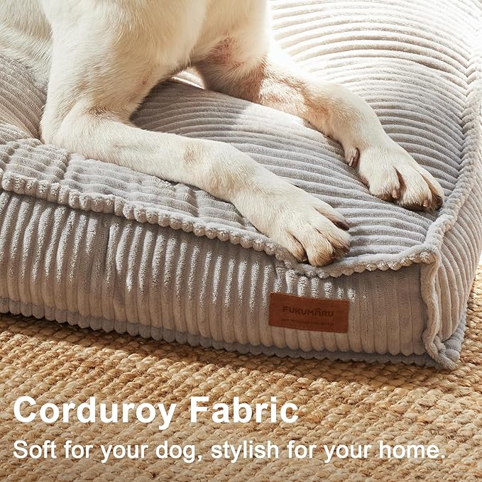 FUKUMARU Dog Bed, Thickened Corduroy Dog Beds Mat with Washable Cover, Large Waterproof Cotton Dogs Bed for Crate, Cozy Fluffy Pet Pillow Beds Kennel Pad with Non-Slip Bottom, 36inch, Light Grey