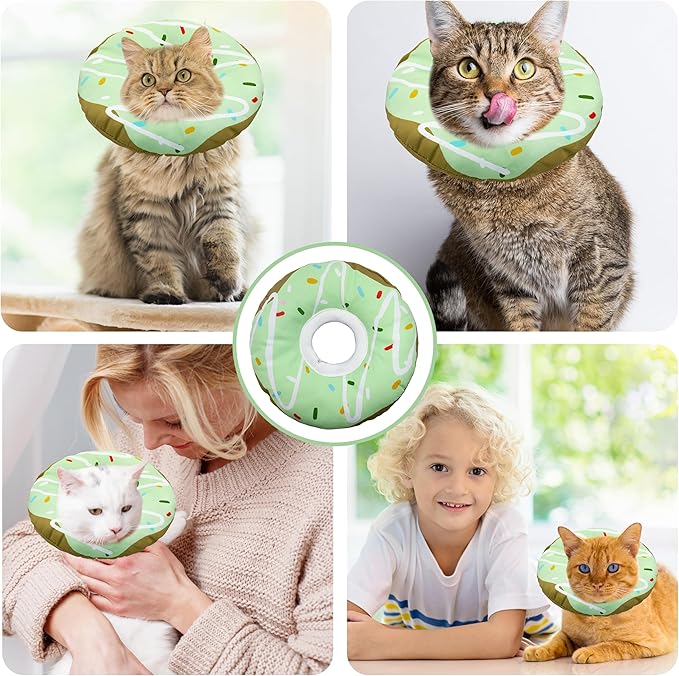 Cat Cone Collar Soft, Adjustable Cat Recovery Collar Kitten Cones to Stop Licking, Cute Donut E Collar After Surgery, Cats Neck Pillow Cone Elizabethan Cones of Shame (Waterproof Green, Small)