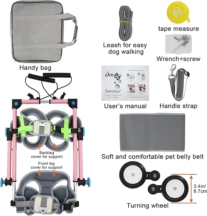 Adjustable Dog Wheelchair,Fordable Dog Wheelchair for Back Legs,Assist Small Pets with Paralyzed Hind Limbs to Recover Their Mobility Two Colour 5-Size (XXS Pink)