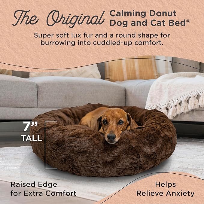 Best Friends by Sheri Original Calming Donut Dog and Cat Bed, Lux Faux Fur, Dark Brown, (23in x 23in) - Anxiety Relief for Pets Up to 25 lbs