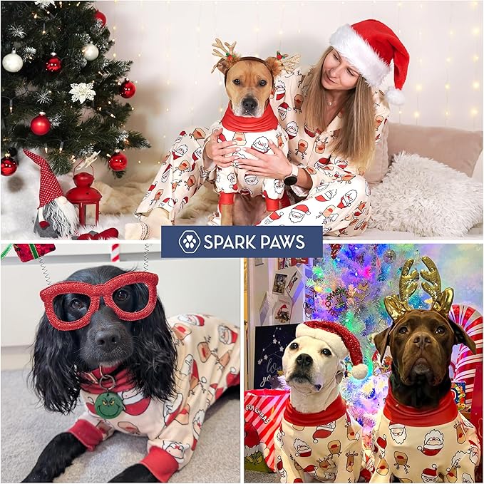 Spark Paws Dog Christmas Pajama, Dog Recovery Suit Male, Onesie, Ultra-Soft and 4-Way Stretch, for Small Medium and Large Breeds - Santa and Rudolph - M