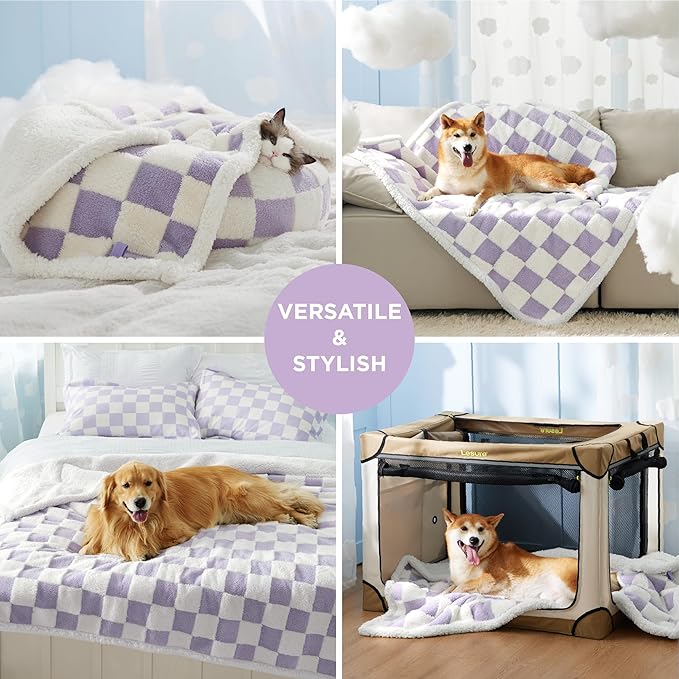 Lesure Waterproof Dog Blanket for Large Dogs - Washable Double Sided Dog Blankets with Warm Jacquard Shag and Soft Sherpa Fleece, Pet Cat Blanket for Couch Protection, 3D Textured Checks, Purple