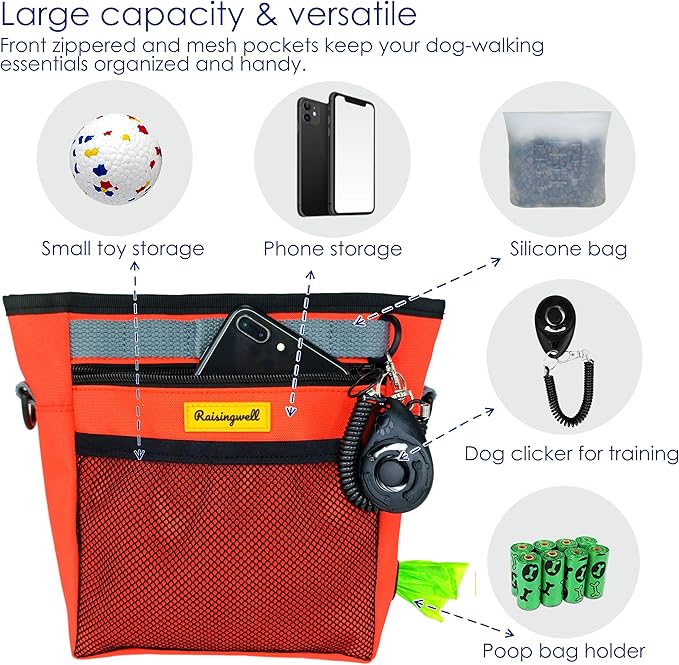 Dog Treat Pouch with Magnetic Closure 4-Cup Silicone Bag Fanny Pack Holder with Clicker 4 Ways to Wear Front Pocket Fits All Phones Ideal for Leash, Pet Walking and Training（Orange）