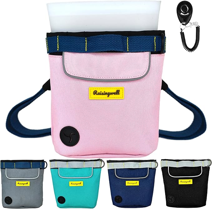 Dog Treat Pouch for Pet Walking and Training with Clicker 2 Cup Silicone Bag Small Fanny Pack Holder for Puppy Snack Dispenser Kit for Leash and Outdoor Use (Pink)