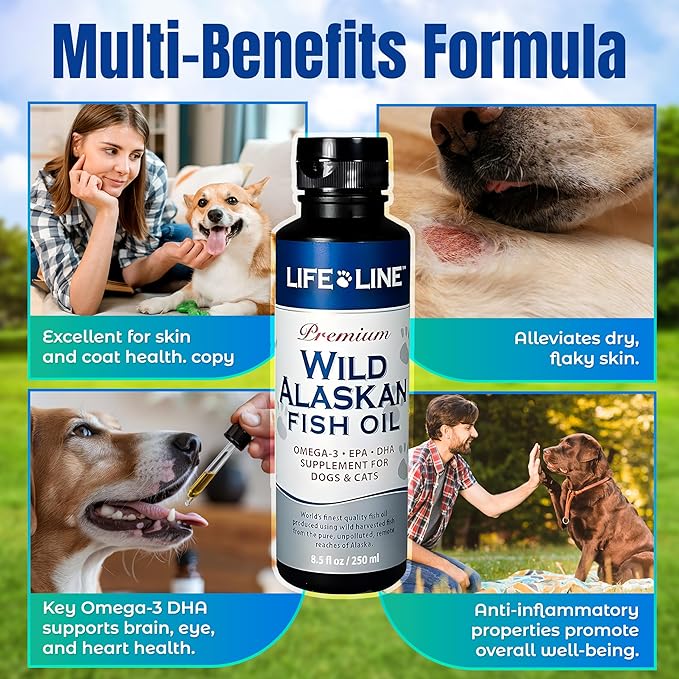 Life Line Pet Nutrition Wild Alaskan Fish Oil Omega-3 Supplement for Skin & Coat – Supports Brain, Eye & Heart Health in Dogs & Cats, 8.5oz