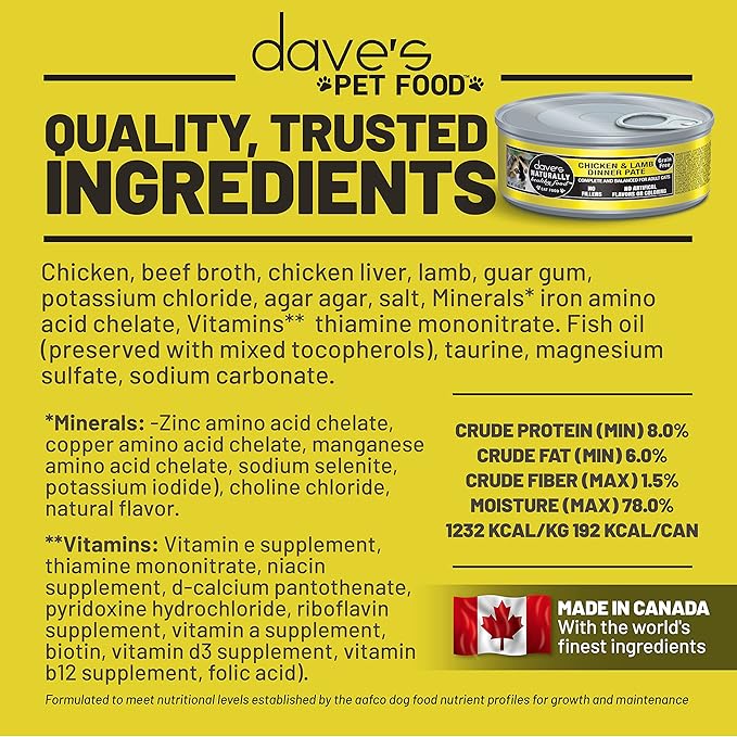 Dave's Pet Food Grain Free Wet Cat Food (Chicken & Lamb Dinner Pate), Made in Canada Naturally Healthy Canned Cat Food, Added Vitamins & Minerals, Wheat & Gluten-Free, 5.5 oz Cans (Case of 24)