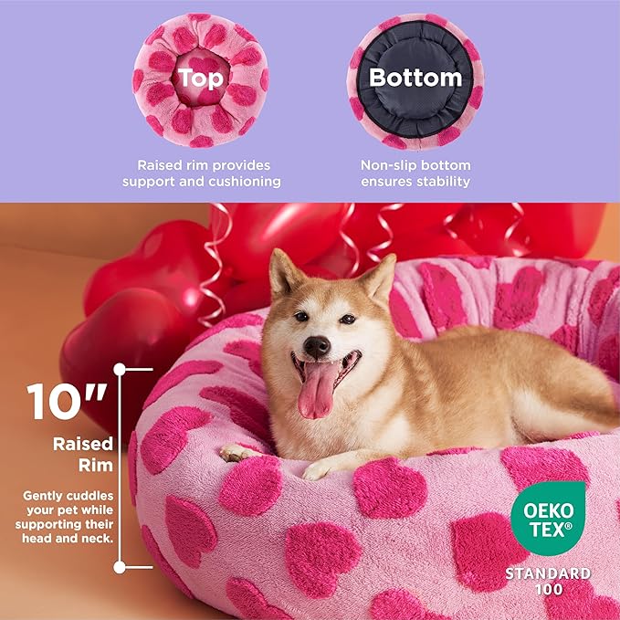 LE SURE Donut Large Dog Bed - Round Cat Beds for Indoor Anti-Anxiety Calming Pet Beds, Washable Cute Modern Beds with Teddy Sherpa Plush & Anti Slip Bottom, 36 Inch, Heart Pink