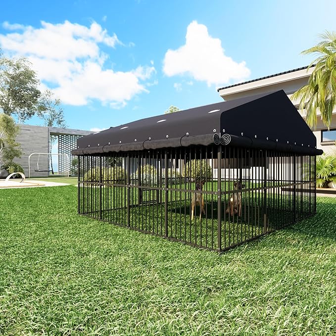10x10x6 FT Outdoor Dog Kennel, Dog Enclosures Fence with UV-Resistant Waterproof Roof Cover and Triple Locks, Heavy Duty Metal Dog Houses for Large Dogs Outside (118" W x 119" D x 78" H)
