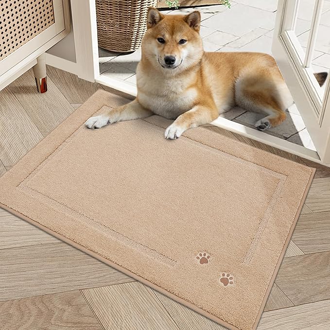 BEQHAUSE Dog Door Mat for Muddy Paws 20"x32" Dirt Trapper Absorbent Doormat Non Slip Entryway Rugs Washable Stain Resistant Welcome Floor Mat Soft Low-Profile for Front Back Door, Beige