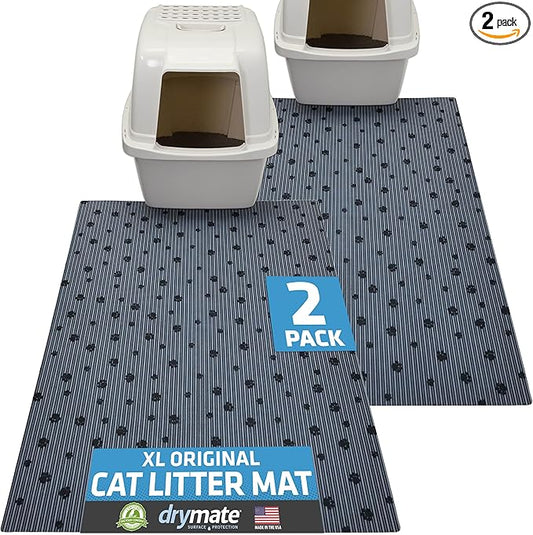 Drymate 2-Pack XL Original Cat Litter Mat, Contains Mess from Box, Protects Floors, Urine-Proof, Machine Washable, Soft on Kitty Paws, Absorbent, Waterproof (USA Made) (28”x36”)(GreyStripePaw)
