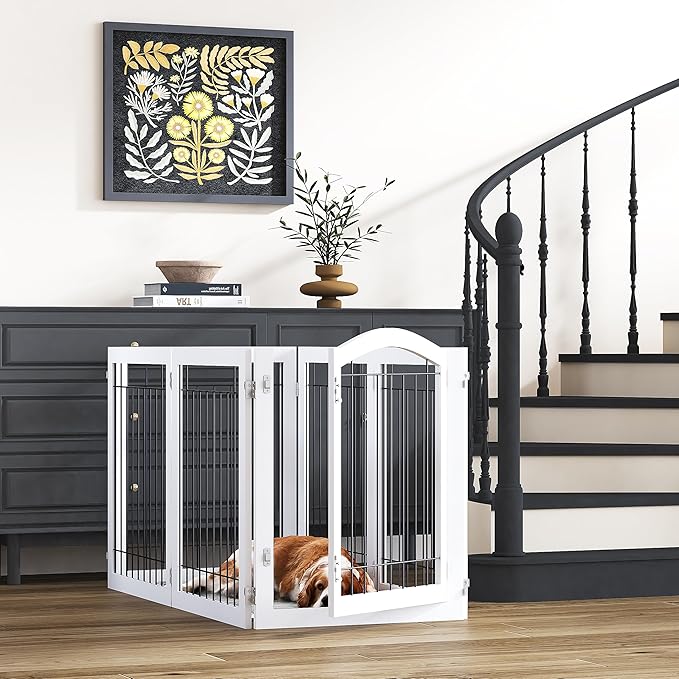 PAWLAND 144-inch Extra Wide 30-inches Tall Dog gate with Door Walk Through, Freestanding Wire Pet Gate for The House, Doorway, Stairs, Pet Puppy Safety Fence, Support Feet Included, White,6 Panels