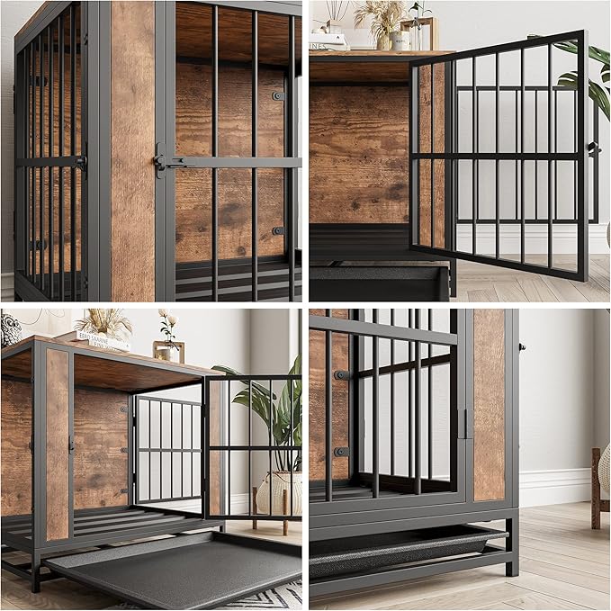 Dog Crate Furniture - Metal & Wooden Dog Kennel with 3 Doors, End Table for Small Dogs, Heavy Duty Dog House, Rustic Black & Brown