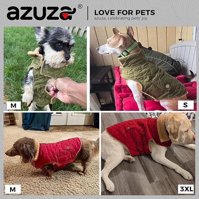 azuza Dog Jacket Waterproof & Windproof Dog Coat for Small Dogs with Thick Fleece, High Collar with Leash Hole, Adjustable Velcro & Elastic Belly, Army Green XL