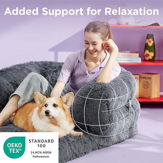 LE SURE Foldable Human Dog Bed - 3 in 1 Flexible Giant Human Dog Bed for Adult People with Supportive Bolster Egg Foam, Waterproof Liner, Calming Fluffy Faux Fur Orthopedic Big Bean Bed, Dark Grey