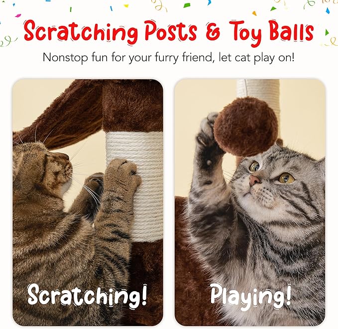77-Inch Brown Cat Tree for Indoor Cats, Multi-Level Large Cat Tower with 4 Hammocks, 2 Padded Perches, Cat Condo, Sisal Scratching Posts and Hanging Toys for Adult Cat