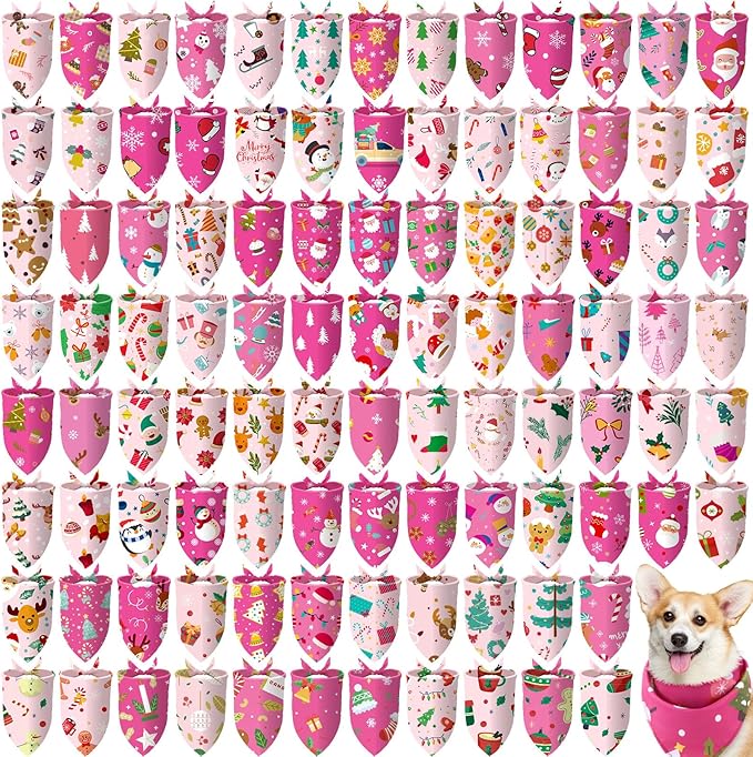 100 Pcs Christmas Dog Bandanas Bulk Pet Bibs Pink Triangle Scarf Pink Pet Bandanas for Medium Large Girls Dogs Christmas Xmas Party Birthday Costume Decor