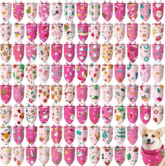 100 Pcs Christmas Dog Bandanas Bulk Pet Bibs Pink Triangle Scarf Pink Pet Bandanas for Medium Large Girls Dogs Christmas Xmas Party Birthday Costume Decor