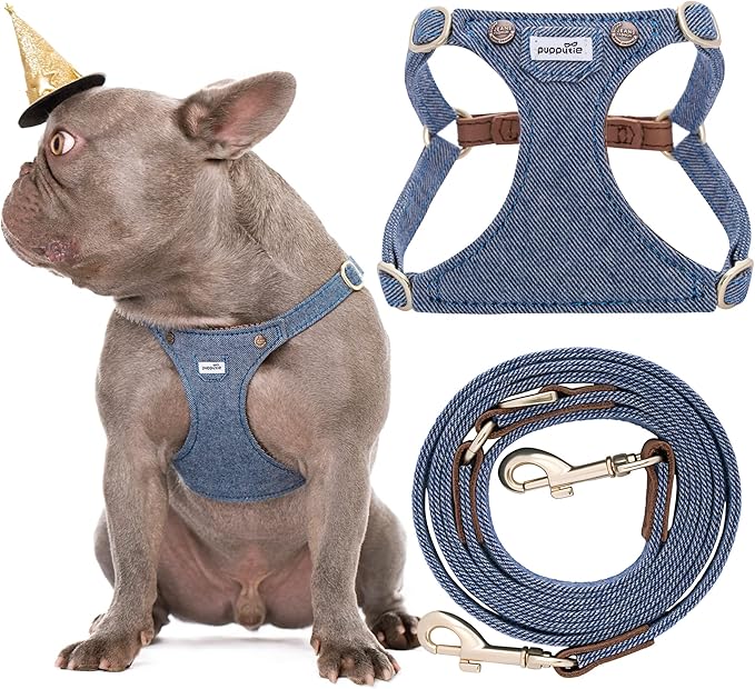 Puppytie No Pull Dog Harness with Multifunction Dog Leash,Soft Adjustable No Choke Escape Proof Pet Harness Vest for Medium Dogs,Denim Light Blue,M
