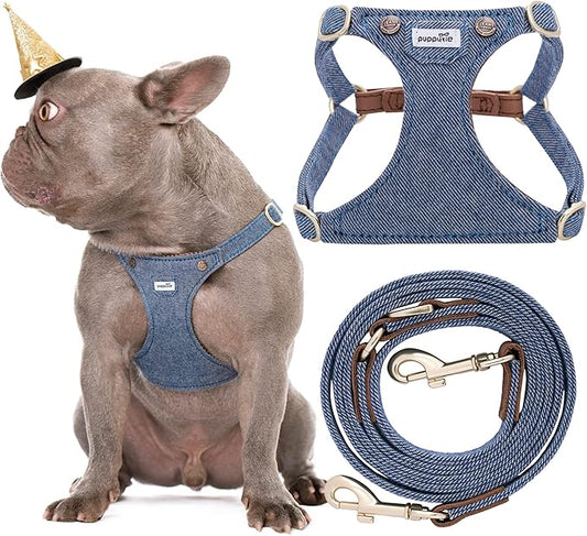 Puppytie No Pull Dog Harness with Multifunction Dog Leash,Soft Adjustable No Choke Escape Proof Pet Harness Vest for Medium Dogs,Denim Light Blue,M