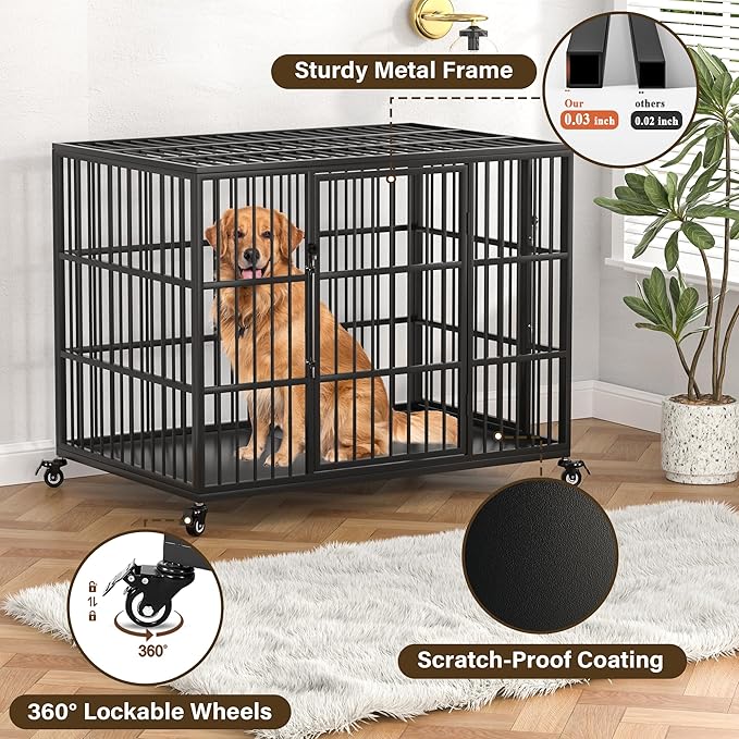VERIFURTY 42 Inch Heavy Duty Dog Crate for Large and Medium Dogs with Self-Locking Latch, Escape-Proof Steel Kennel Indoor, XL Large Double Door Metal Pet Cage with Wheels