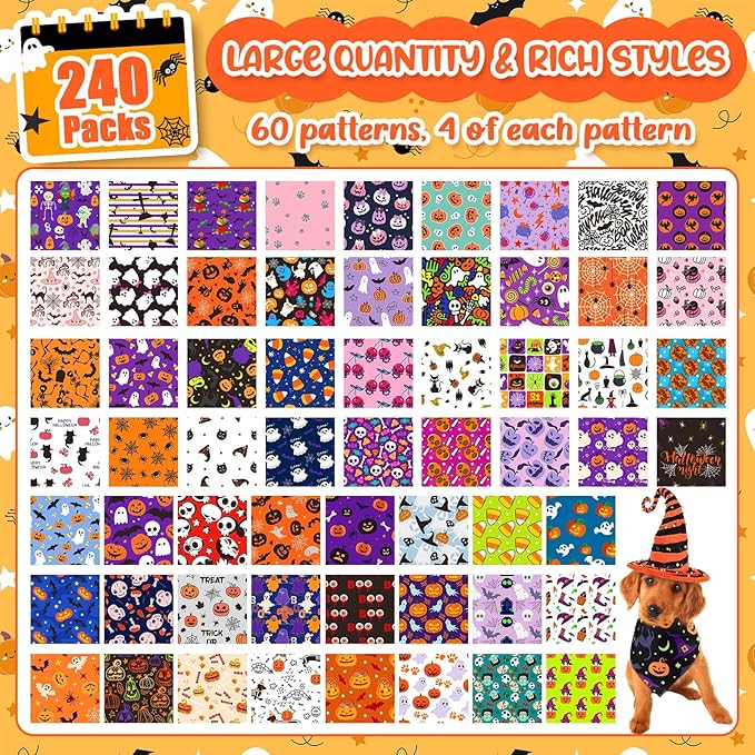 Geyoga 240 Pcs Halloween Dog Bandanas Bulk Thanksgiving Pet Bandanas Adjustable Fall Triangle Dog Grooming Scarf Bibs Kerchief for Small Medium Large Cats Pet Costume A(Halloween)