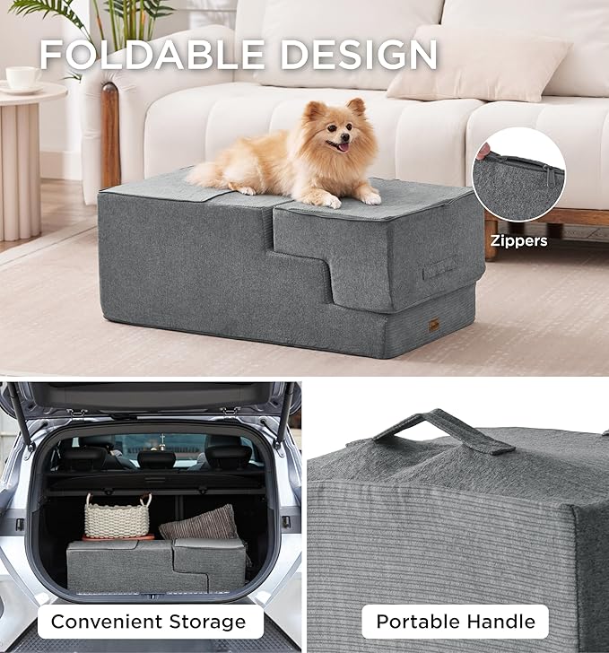 Made4Pets Dog Steps for Bed, Extra Wide Dog Stairs for High Bed Couch Sofa, 35D Foam Pet Steps for Small Dogs and Cats(Up to 40lbs), Non-Slip Bottom Pet Stairs, Grey, 4 Steps