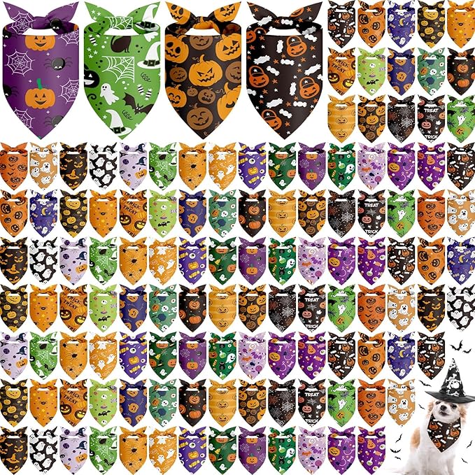 Chunful 120 Pcs Halloween Bandanas Bulk for Dogs Bandanas with Pumpkin Ghost Patterns Soft Bibs Adjustable Triangle Dog Doggie Scarf for Small Medium Large Pet Holiday Costume