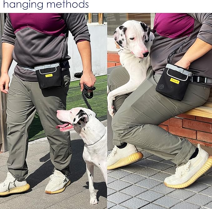 Dog Treat Pouch for Pet Walking and Training with Clicker 2 Cup Silicone Bag Small Fanny Pack Holder for Puppy Snack Dispenser Kit for Leash and Outdoor Use (Black)