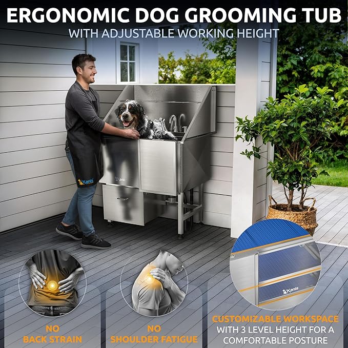 KANIS Professional Dog Washing Station - 304 Stainless Steel Pet Wash Sink & Grooming Bathtub w/Shower, Floor Grates and Storage for Large, Medium & Small Pets (40", 1 Drawer - Right Ramp)