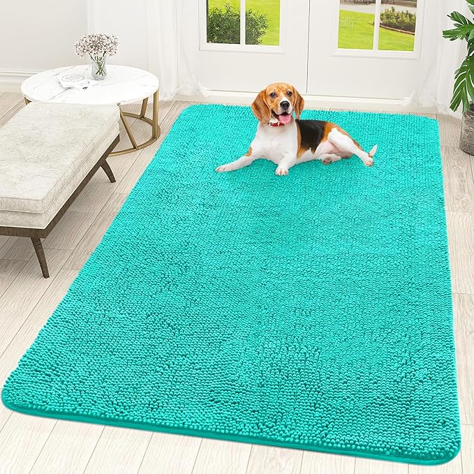 OLANLY Dog Door Mat for Muddy Paws 70x46, Absorbs Moisture and Dirt, Absorbent Non-Slip Washable Doormat, Quick Dry Chenille Mud Mat for Dogs, Entry Indoor Entryway Carpet for Inside Floor, Teal