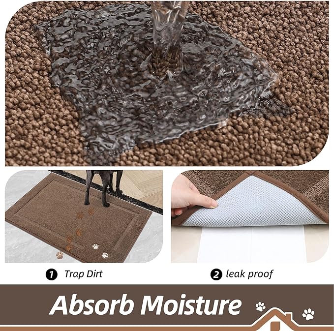 BEQHAUSE Dog Door Mat for Muddy Paws 20"x32" Dirt Trapper Absorbent Doormat Non Slip Entryway Rugs Washable Stain Resistant Welcome Floor Mat Soft Low-Profile for Front Back Door, Brown