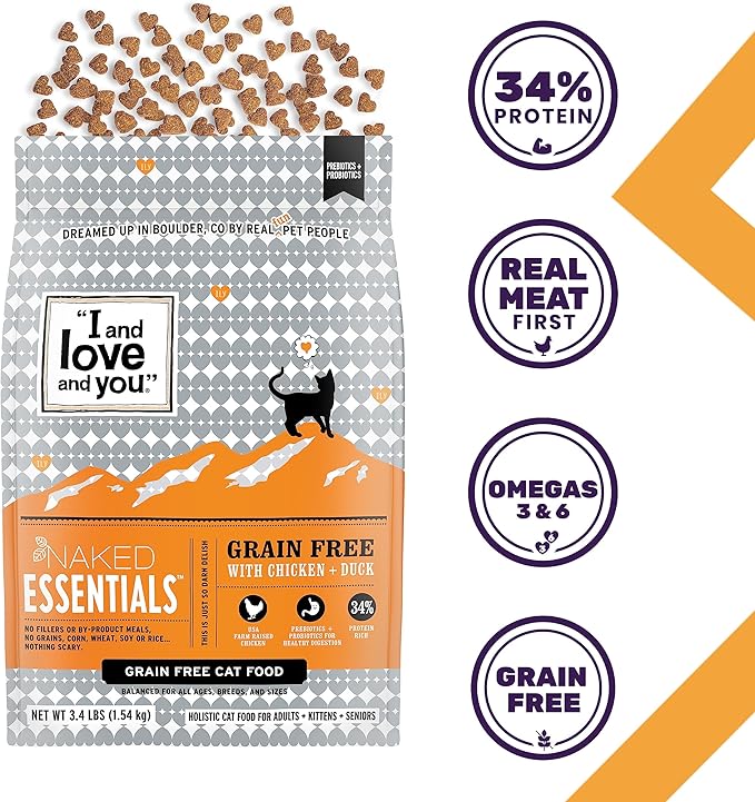 I and love and you Naked Essentials Dry Cat Food - Chicken + Duck - Grain Free, Real Meat, No Fillers, Prebiotics + Probiotics, 3.4lb Bag