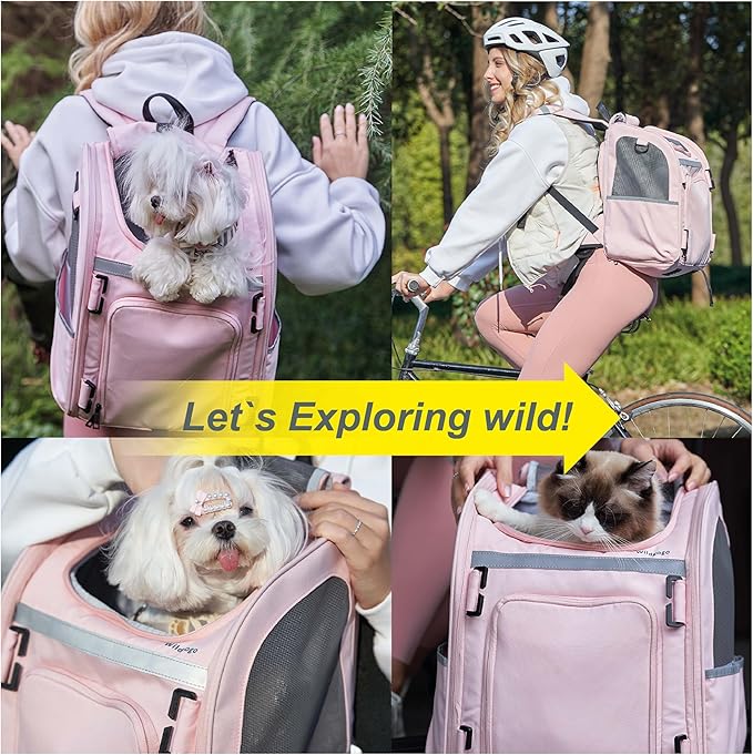 Expandable Pet Carrier, Airline-Approved Foldable and Detachable Backpack, Fits 13lbs Cat&11lbs Small Puppy Dog, for Car Travel,Camping and Emergency Transportation and Shelter (Pink)