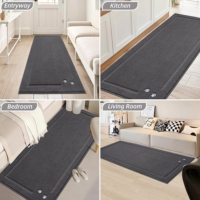 BEQHAUSE Dog Door Mat for Muddy Paws 32"x70" Dirt Trapper Absorbent Doormat Non Slip Entryway Rugs Washable Stain Resistant Welcome Floor Mat Soft Low-Profile for Front Back Door, Dark Grey