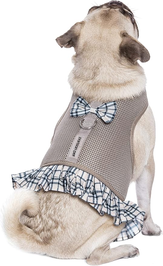 Parisian Pet Step in Dog Harness - 100% Mesh Fabric Plaid Khaki Girl Dog Harnesses - Soft Fully Padded, No Pull Dog Vest Harness Dress - Puppy Harness - Dog Harness Medium Sized Dog - M