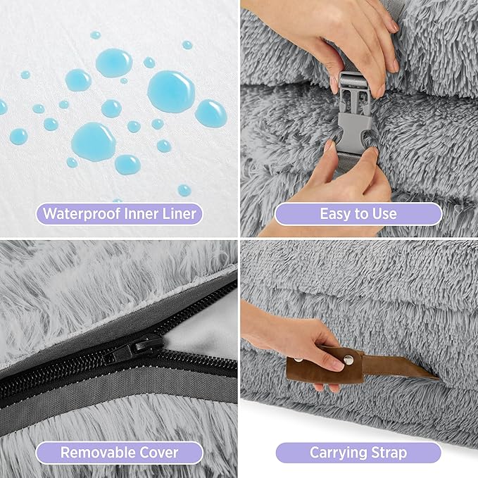 LE SURE Foldable Human Dog Bed - 3 in 1 Flexible Giant Human Dog Bed for Adult People with Supportive Bolster Egg Foam, Waterproof Liner, Calming Fluffy Faux Fur Orthopedic Big Bean Bed, Light Grey